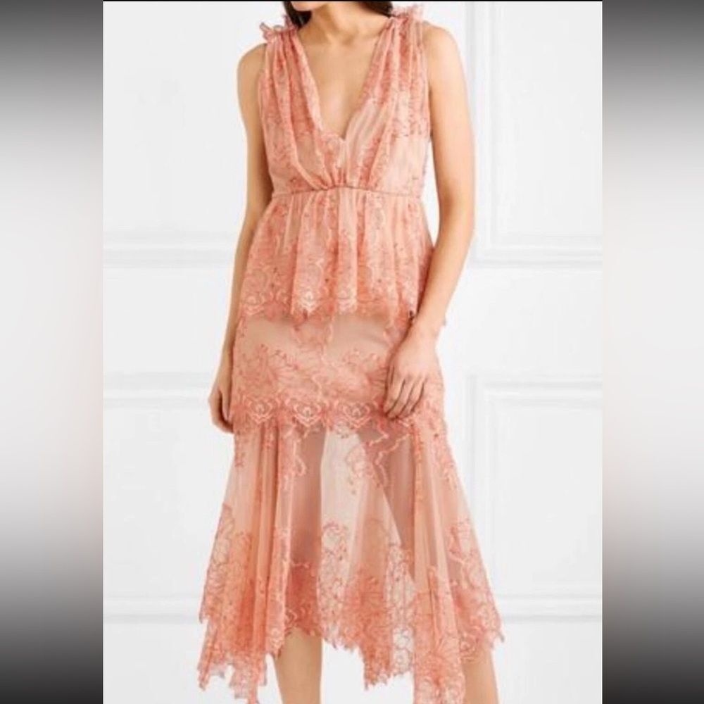 Alice McCall Peach and Coral Lace Dress tiered v-neck‎ luxurious cinching